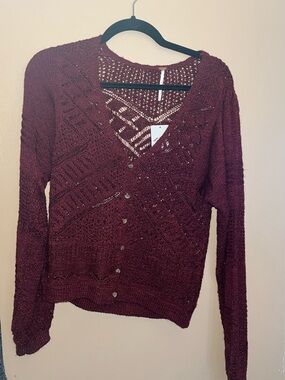 Free People Maroon Open-Knit Button-Up Cardigan